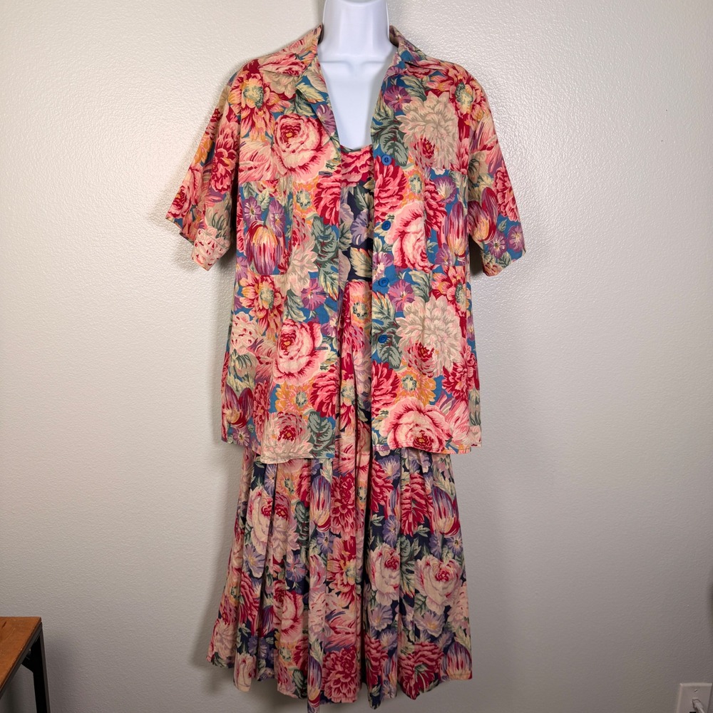 Vintage Laura Ashley Floral Dress and Shirt Pink Blue Romantic 2 Piece Set Sz 6